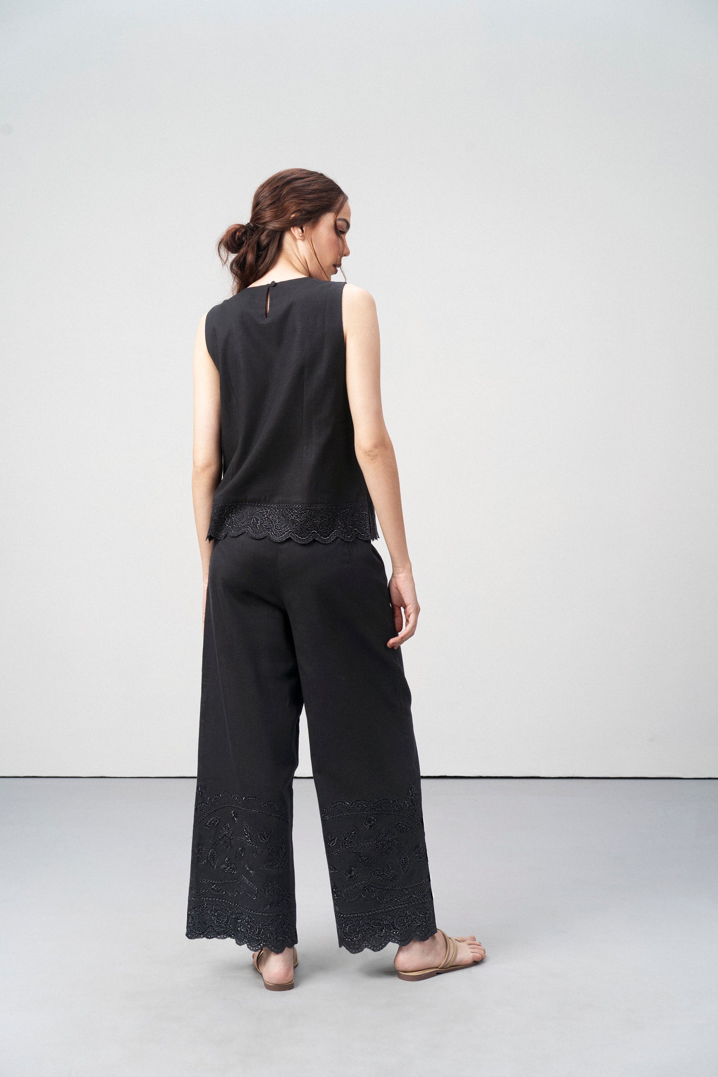 Black Embroidered Sleeveless Cotton Top For Women for Back Model View  | Cutwork Embroidery Scalloped Hem Top