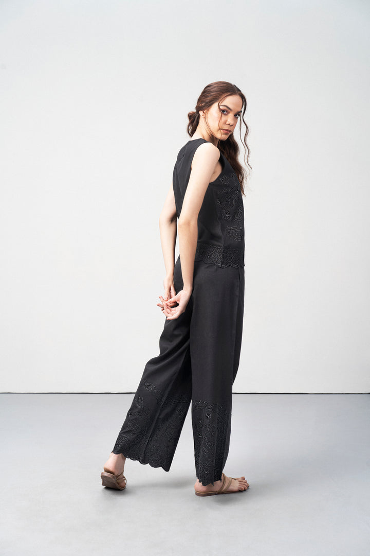 Black Embroidered Sleeveless Cotton Top For Women for Right Side Model View  | Cutwork Embroidery Scalloped Hem Top