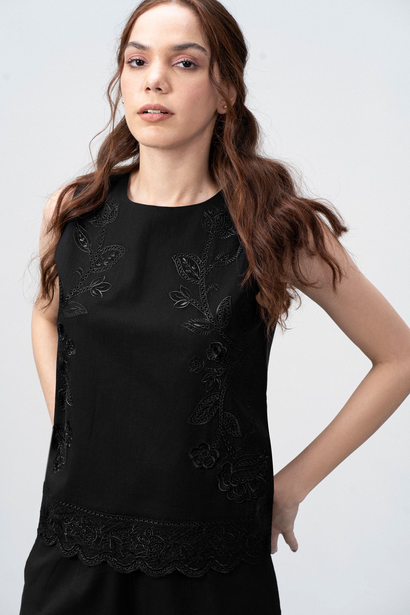 Black Embroidered Sleeveless Cotton Top For Women  | Cutwork Embroidery Scalloped Hem Top