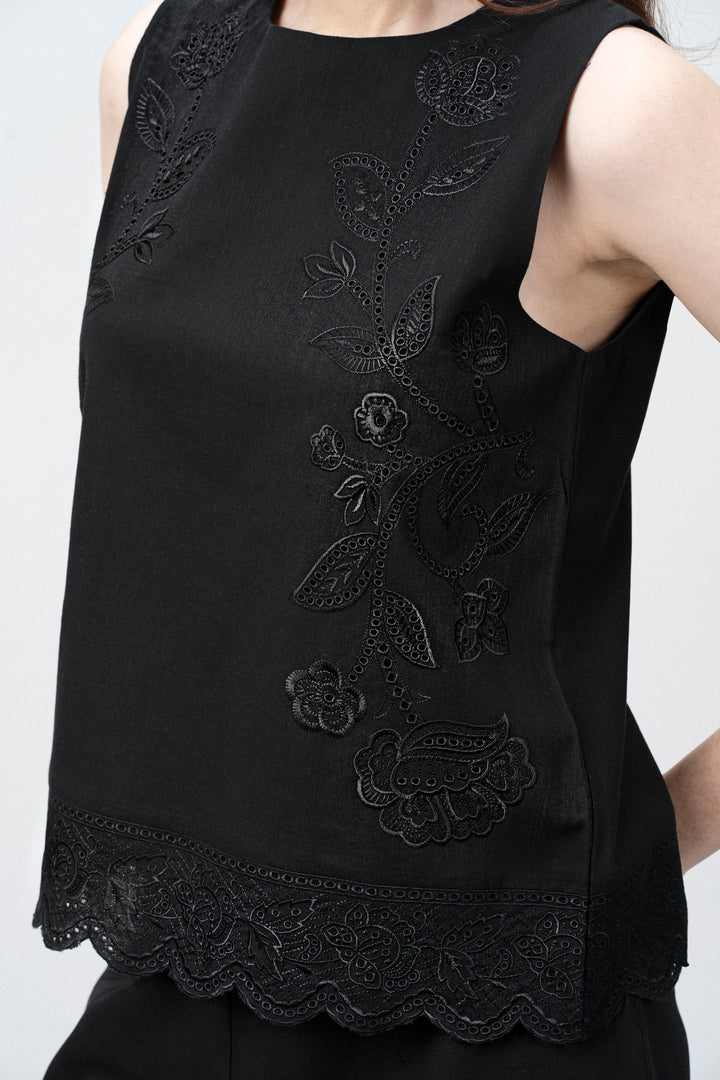 Black Embroidered Sleeveless Cotton Top For Women for Zoom Top Model View  | Cutwork Embroidery Scalloped Hem Top