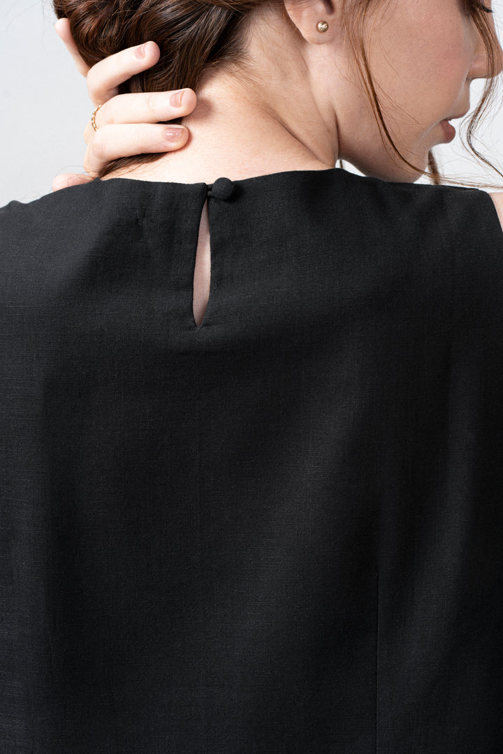 Black Embroidered Sleeveless Cotton Top For Women for Back Model View  | Cutwork Embroidery Scalloped Hem Top