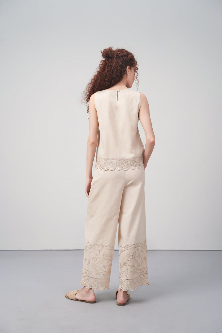 Beige Embroidered Sleeveless Cotton Top For Women Back View Model  | Cutwork Embroidery Scalloped Hem Top