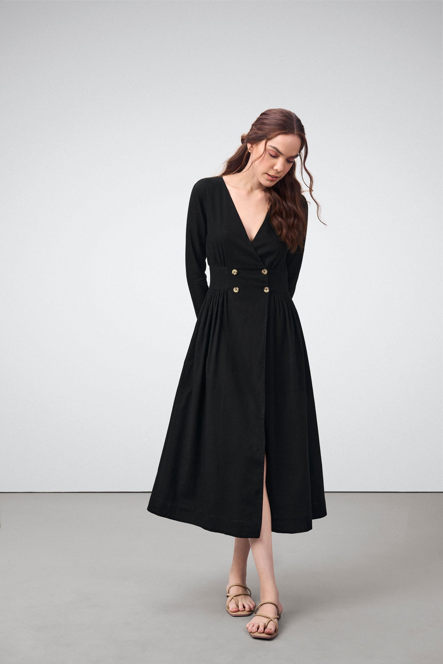 Ladies 100% Cotton Soft And Breathable Long Sleeve V Neckline Fit And Flare Midi Dress For Women Front View Model | Balck Cotton Fit & Flare Midi Dress For Women