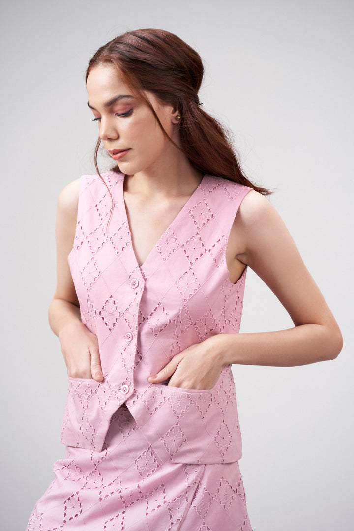 Pink Cotton Eyelet Embroidered Waistcoat For Women | Eyelet Embroidery Waistcoat For Pocket Model View