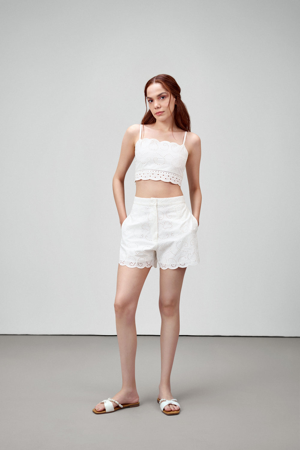 White Embroidered Cotton Crop Top With Scallop Neckline For Closed Up Body Model View | Scalloped Hem Spaghetti Top