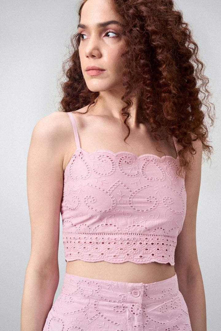 Pink Embroidered Cotton Crop Top With Scallop Neckline For Zoom Model View | Scalloped Hem Spaghetti Top