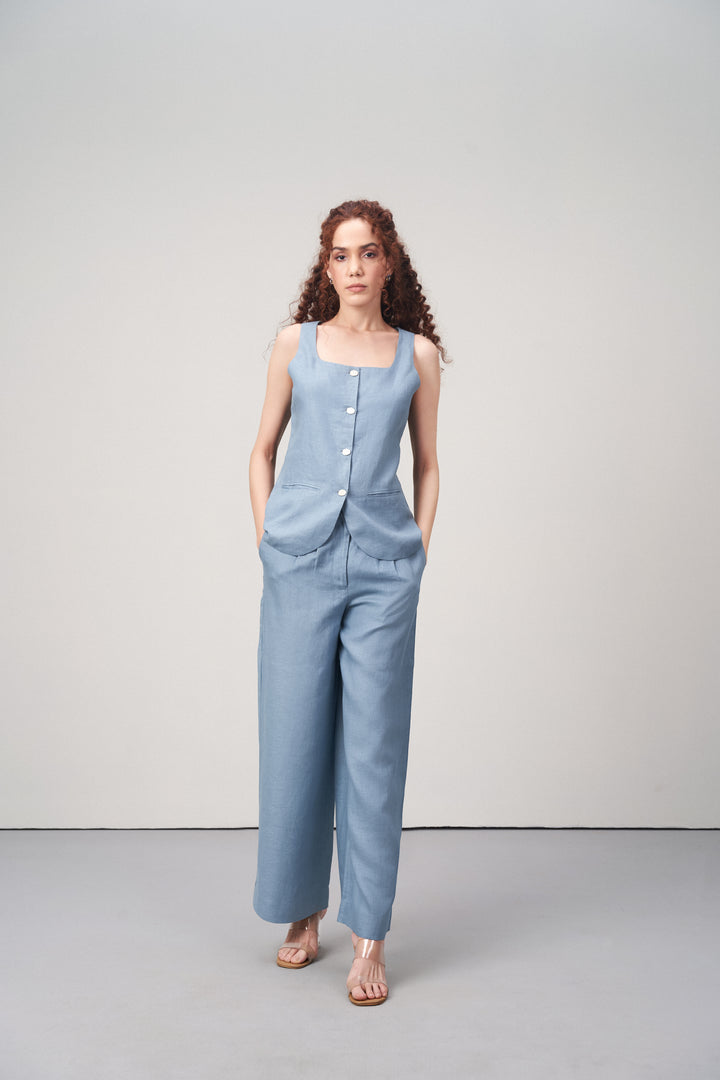 Misty Blue Linen Waistcoat For Women – Stylish Button-front Vest | Linen Buttoned Waistcoat For Full Body Model View
