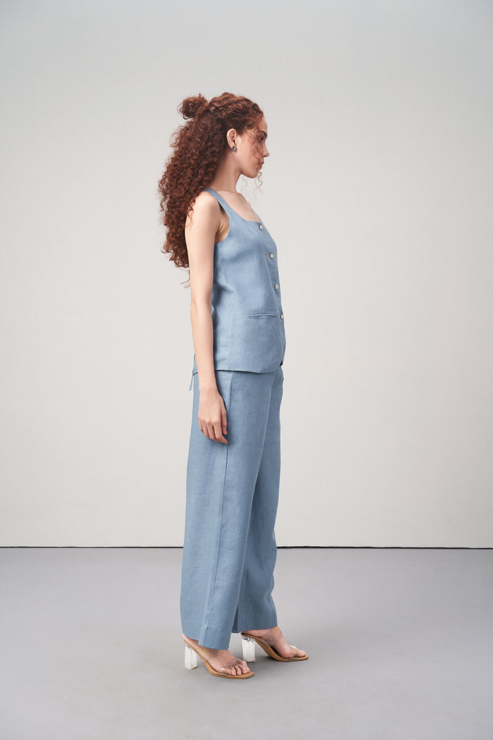 Misty Blue Linen Waistcoat For Women – Stylish Button-front Vest | Linen Buttoned Waistcoat For Side Body Model View