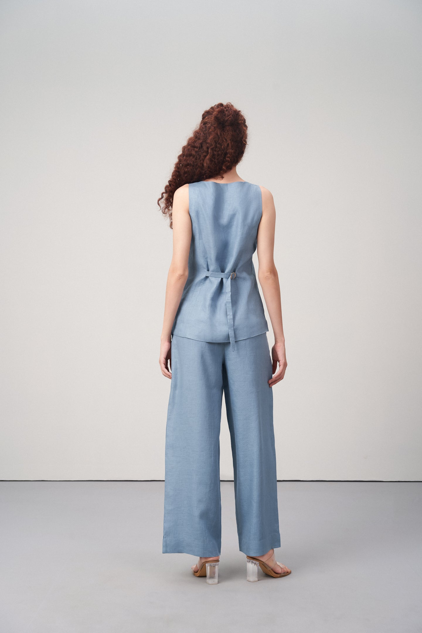 Misty Blue Linen Waistcoat For Women – Stylish Button-front Vest | Linen Buttoned Waistcoat For Back Model View