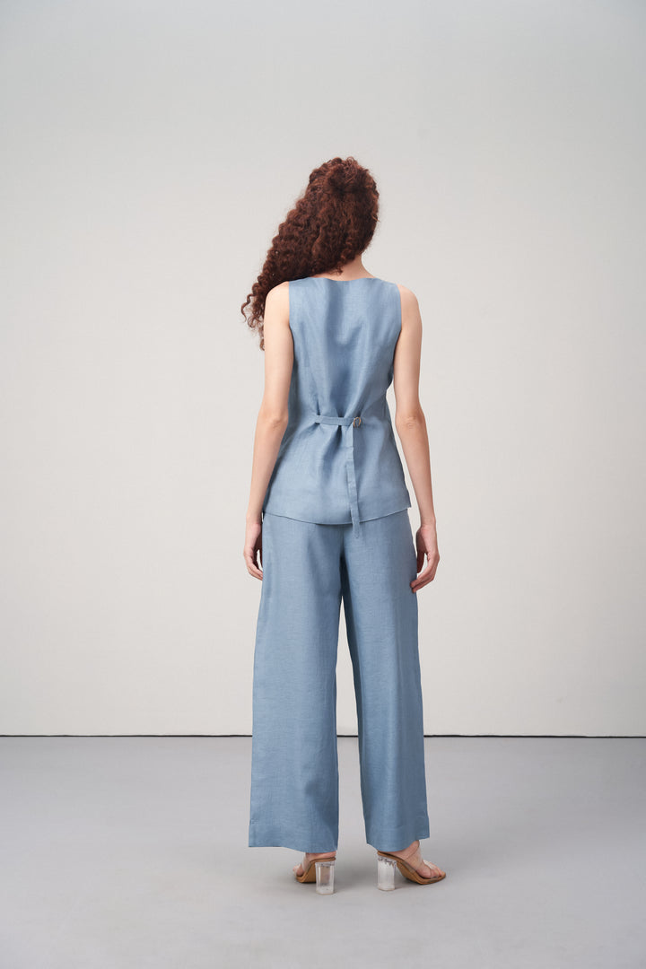 Misty Blue Linen Waistcoat For Women – Stylish Button-front Vest | Linen Buttoned Waistcoat For Back Model View