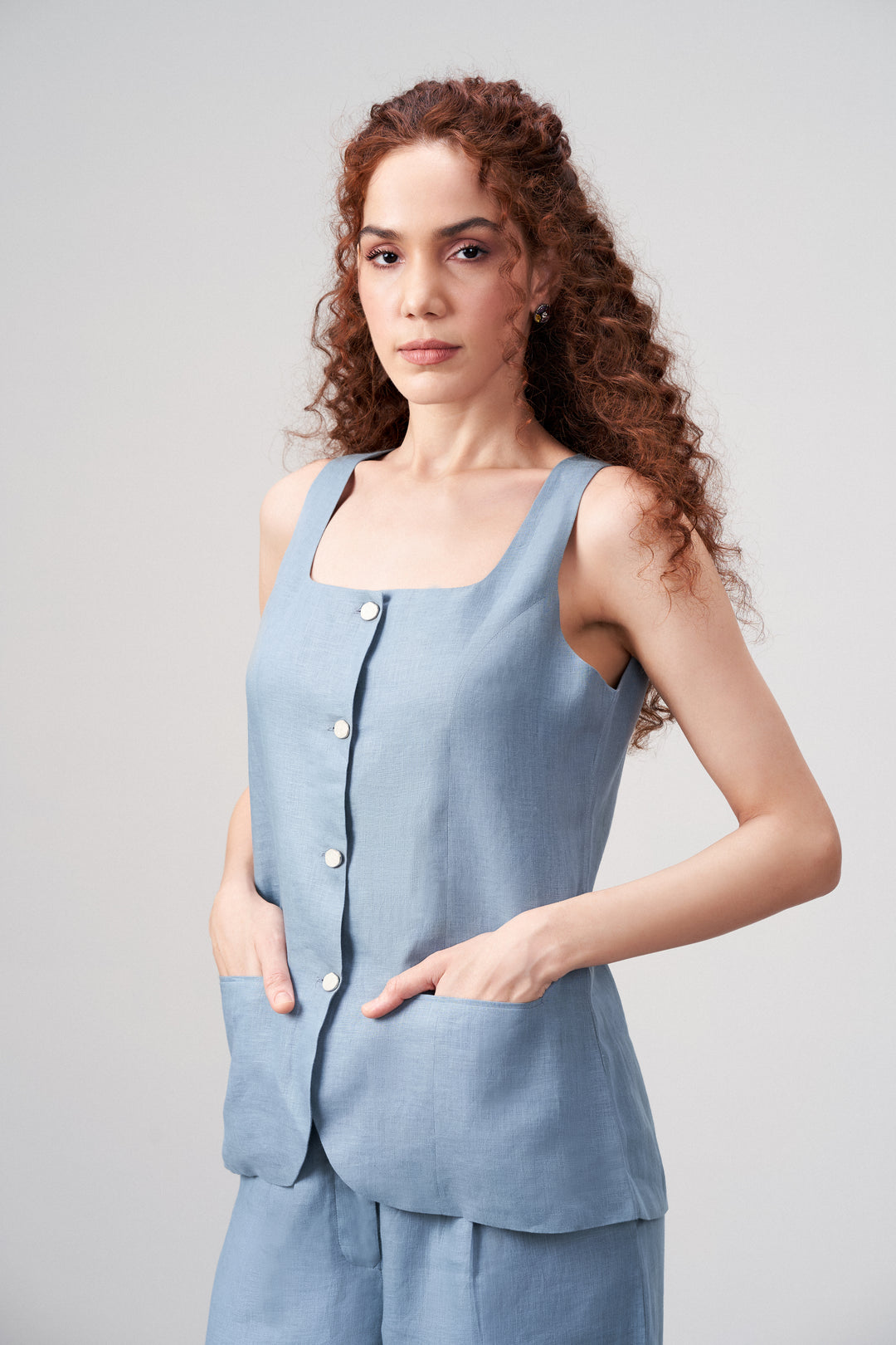 Misty Blue Linen Waistcoat For Women – Stylish Button-front Vest | Linen Buttoned Waistcoat For Full Body Model View