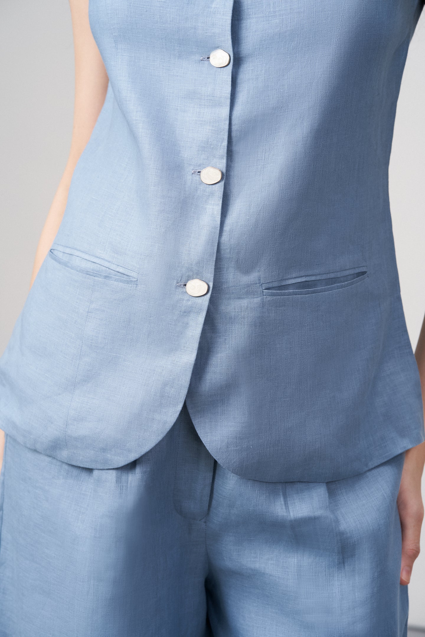 Misty Blue Linen Waistcoat For Women – Stylish Button-front Vest | Linen Buttoned Waistcoat