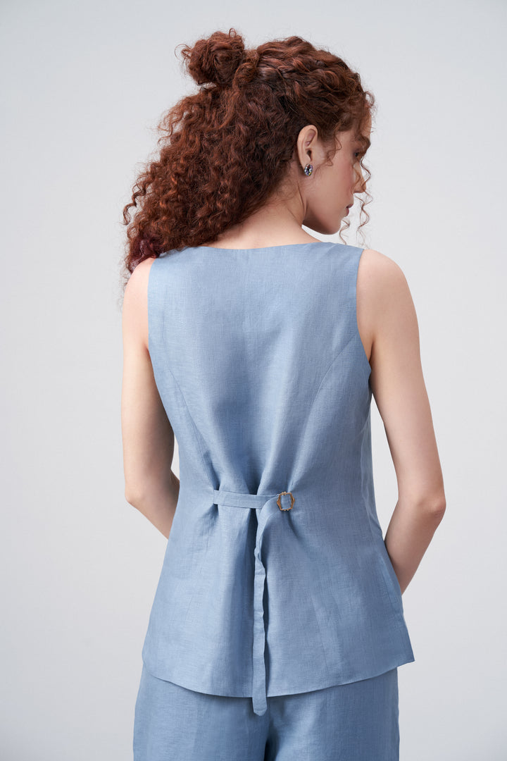 Misty Blue Linen Waistcoat For Women – Stylish Button-front Vest | Linen Buttoned Waistcoat For Full Back Model View