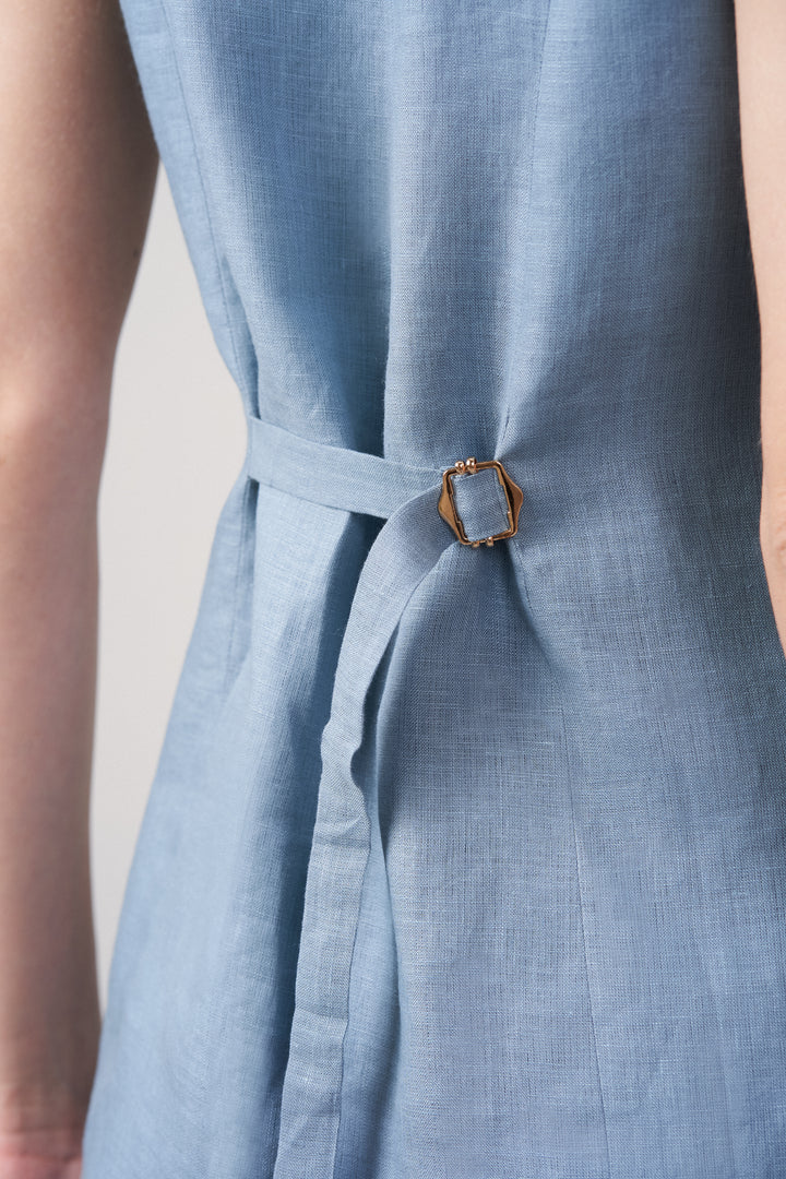 Misty Blue Linen Waistcoat For Women – Stylish Button-front Vest | Linen Buttoned Waistcoat