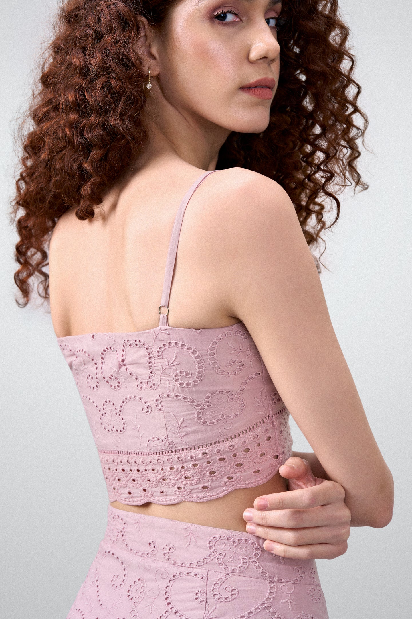 Pink Embroidered Cotton Crop Top With Scallop Neckline For Right Side Closed Up Model View | Scalloped Hem Spaghetti Top