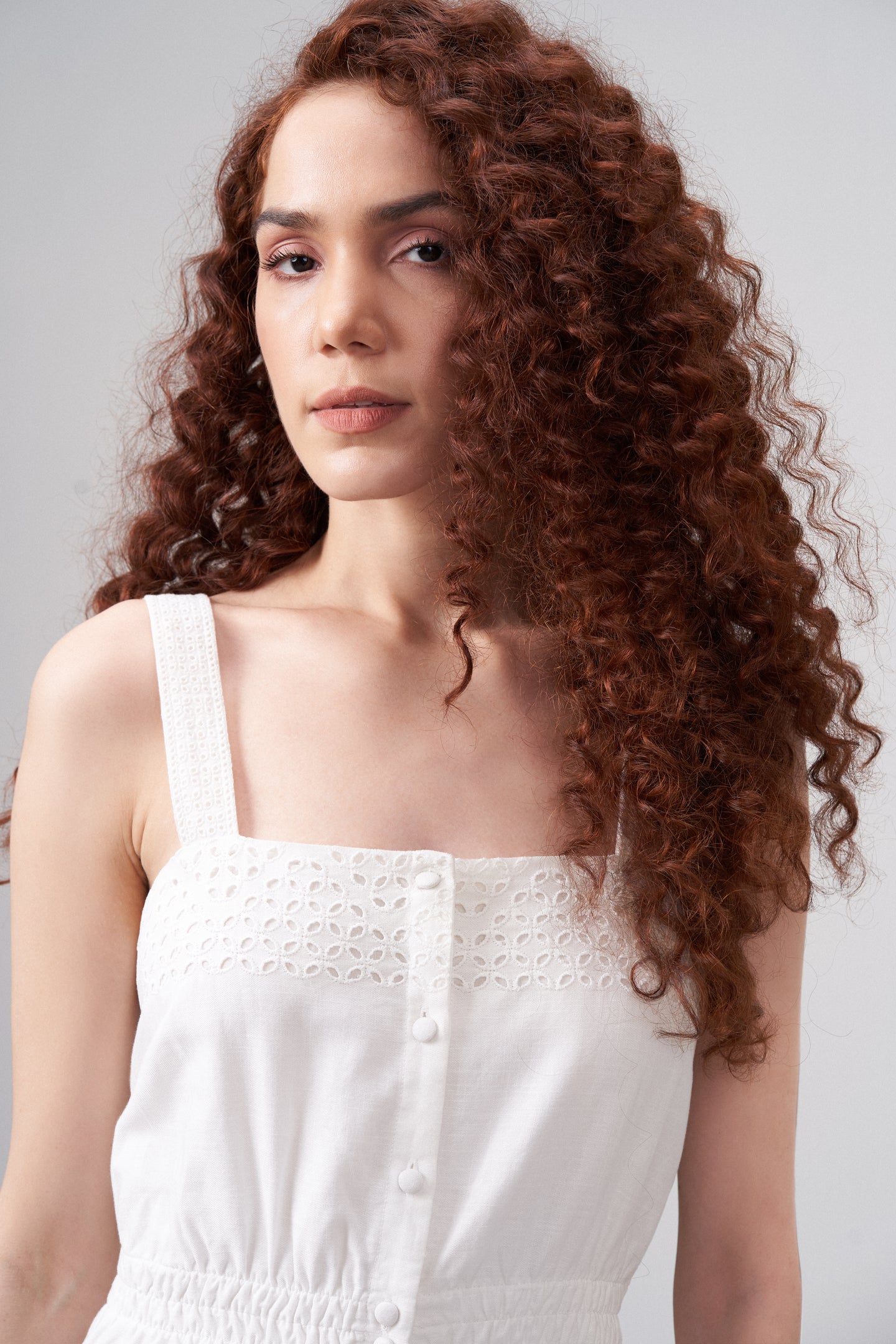 Cotton Square Neckline Spaghetti Straps Eyelet Cutwork Embroidery Scallop Hem Short Dress For Women Ladies White Color Front Close-up Model View | White Cotton Eyelet Embroidered Dress – Scallop Hem | Eyelet Embroidery Scalloped Short Dress