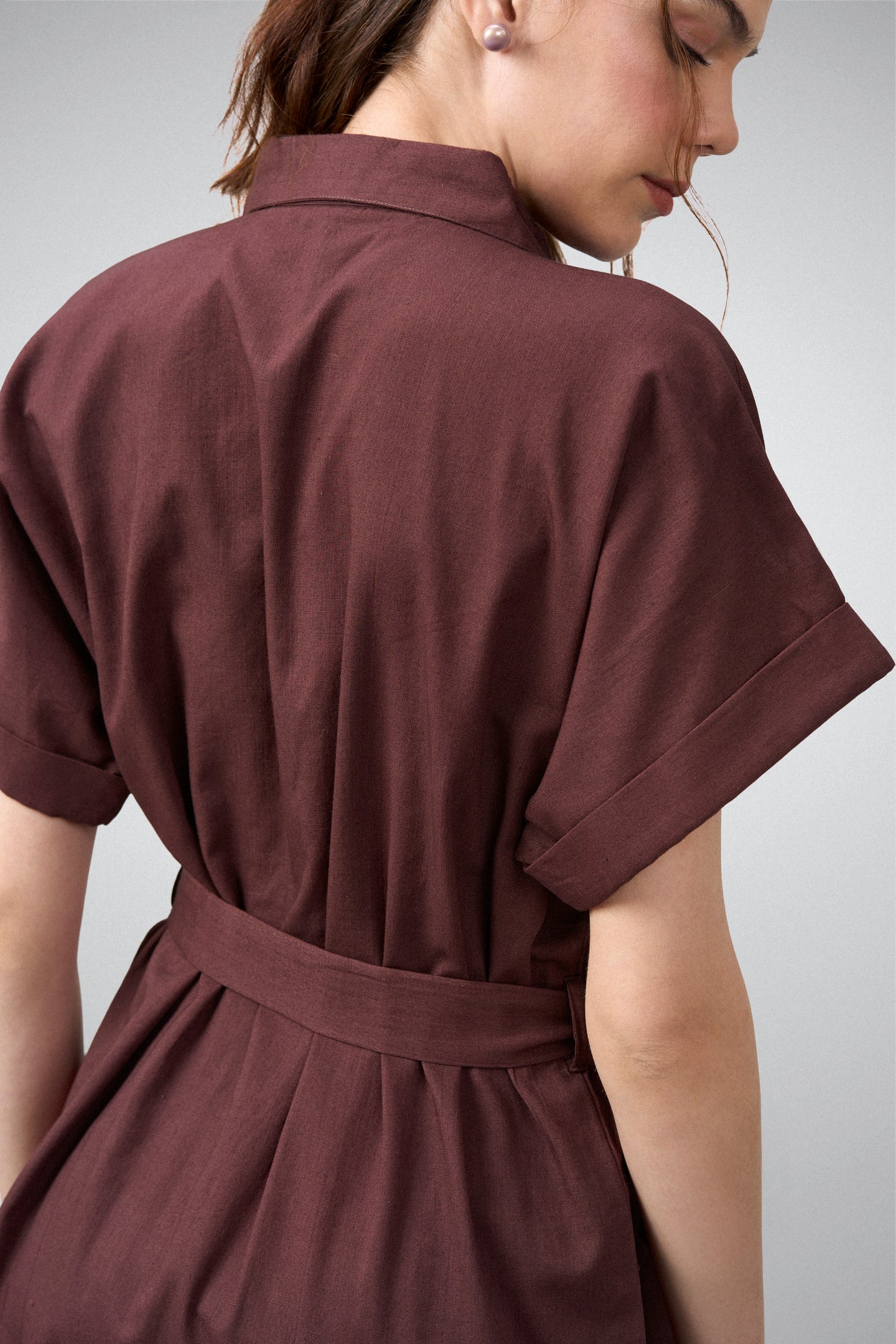 women ladies 100% cotton short sleeves front button closure embroidered button down shirt dress maroon color model back view