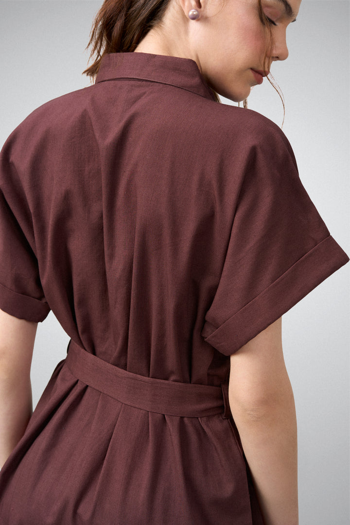 women ladies 100% cotton short sleeves front button closure embroidered button down shirt dress maroon color model back view
