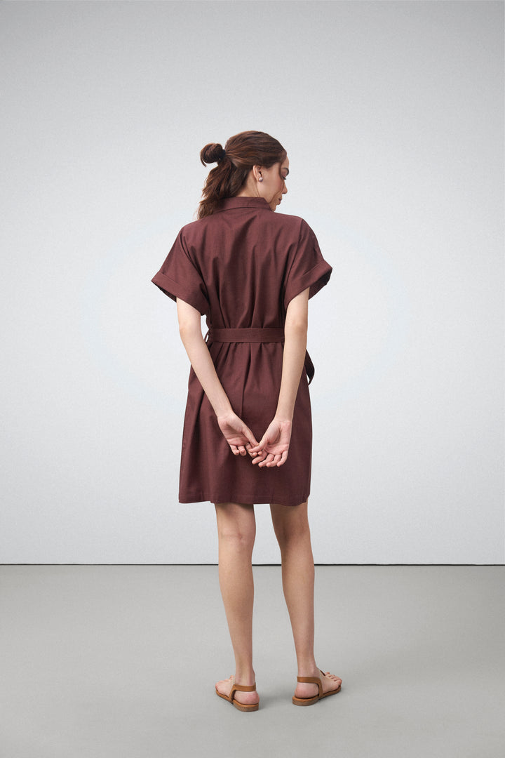 women ladies 100% cotton short sleeves front button closure embroidered button down shirt dress maroon color model back view