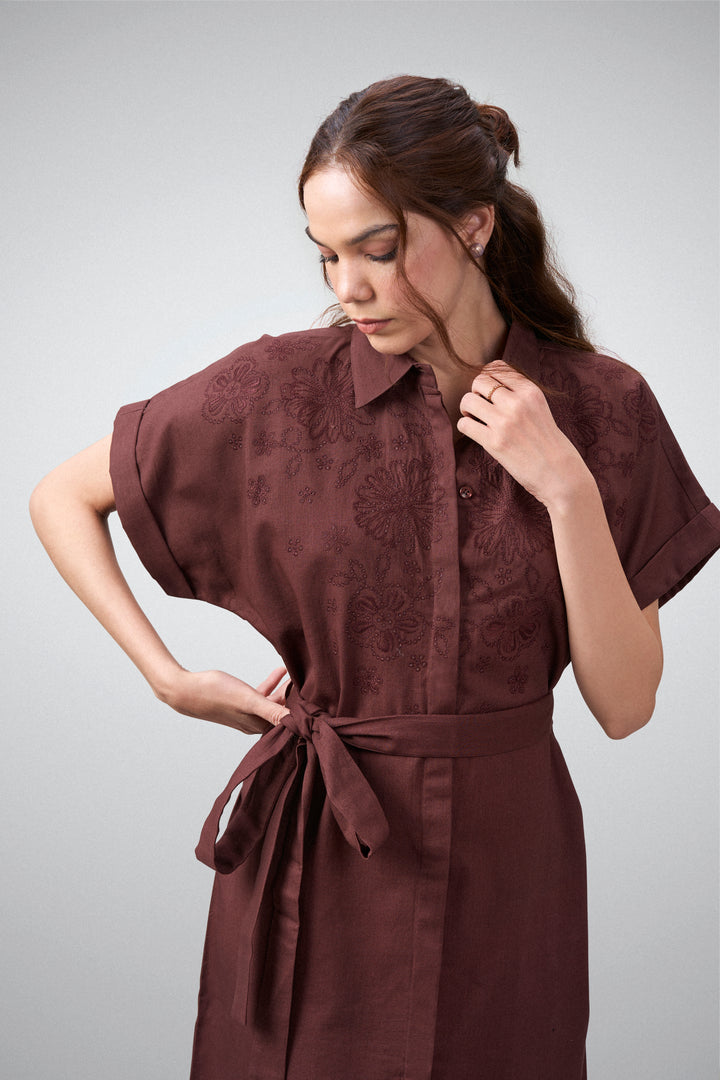 women ladies 100% cotton short sleeves front button closure embroidered button down shirt dress maroon color model front close-up view