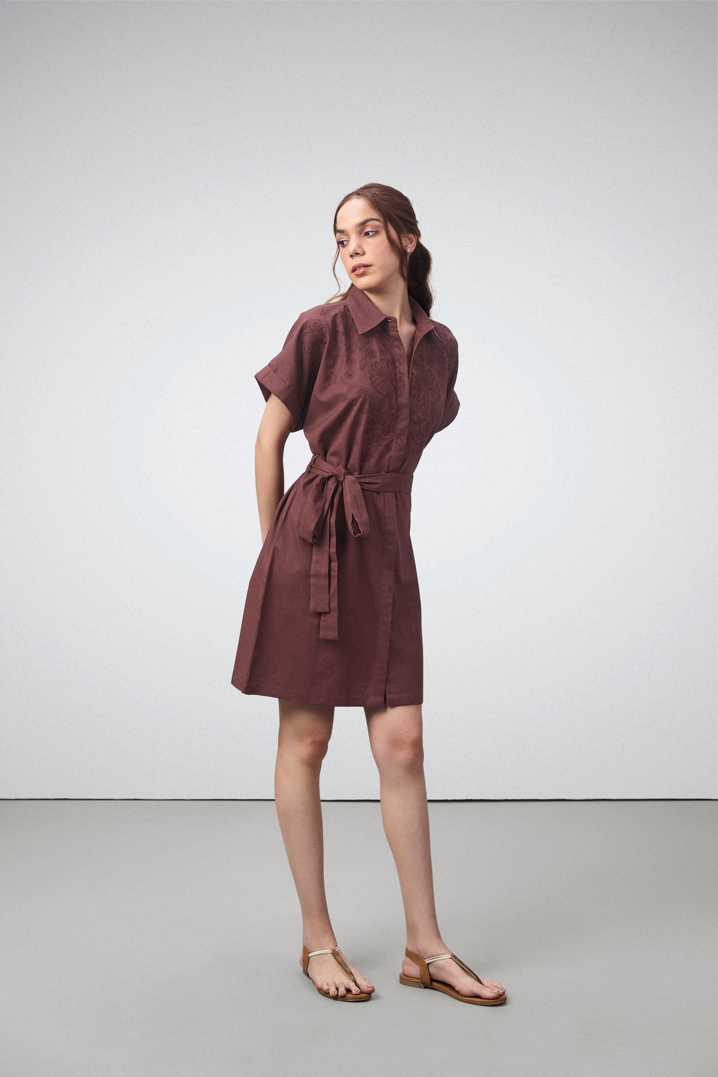 women ladies 100% cotton short sleeves front button closure embroidered button down shirt dress maroon color model front view
