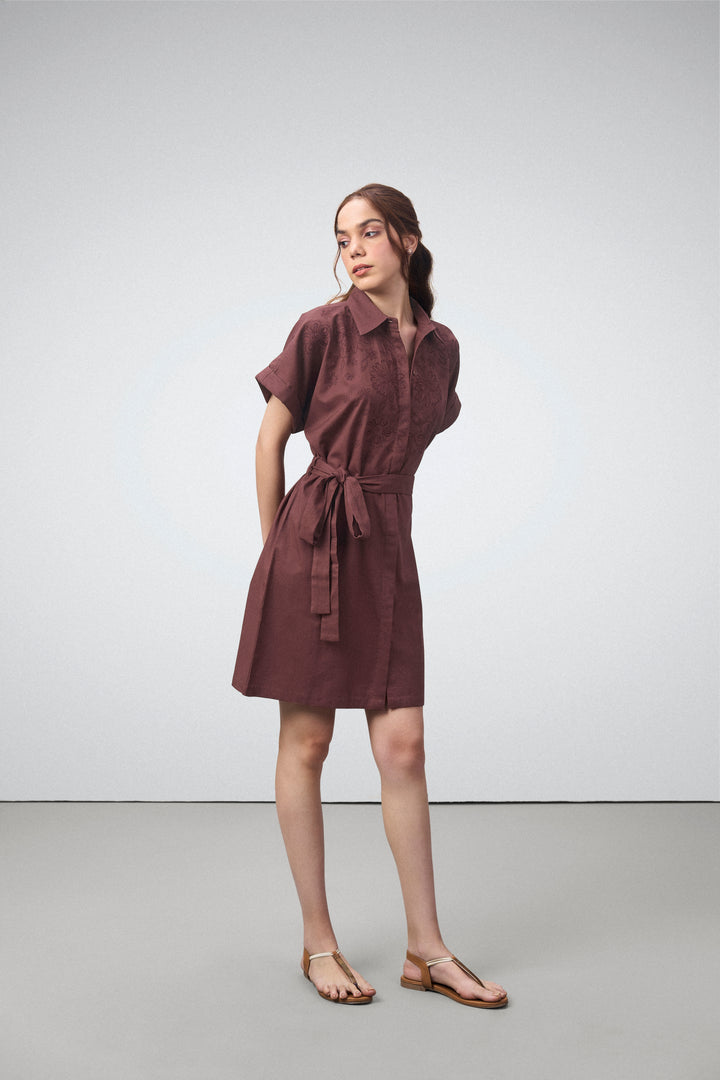 women ladies 100% cotton short sleeves front button closure embroidered button down shirt dress maroon color model front view
