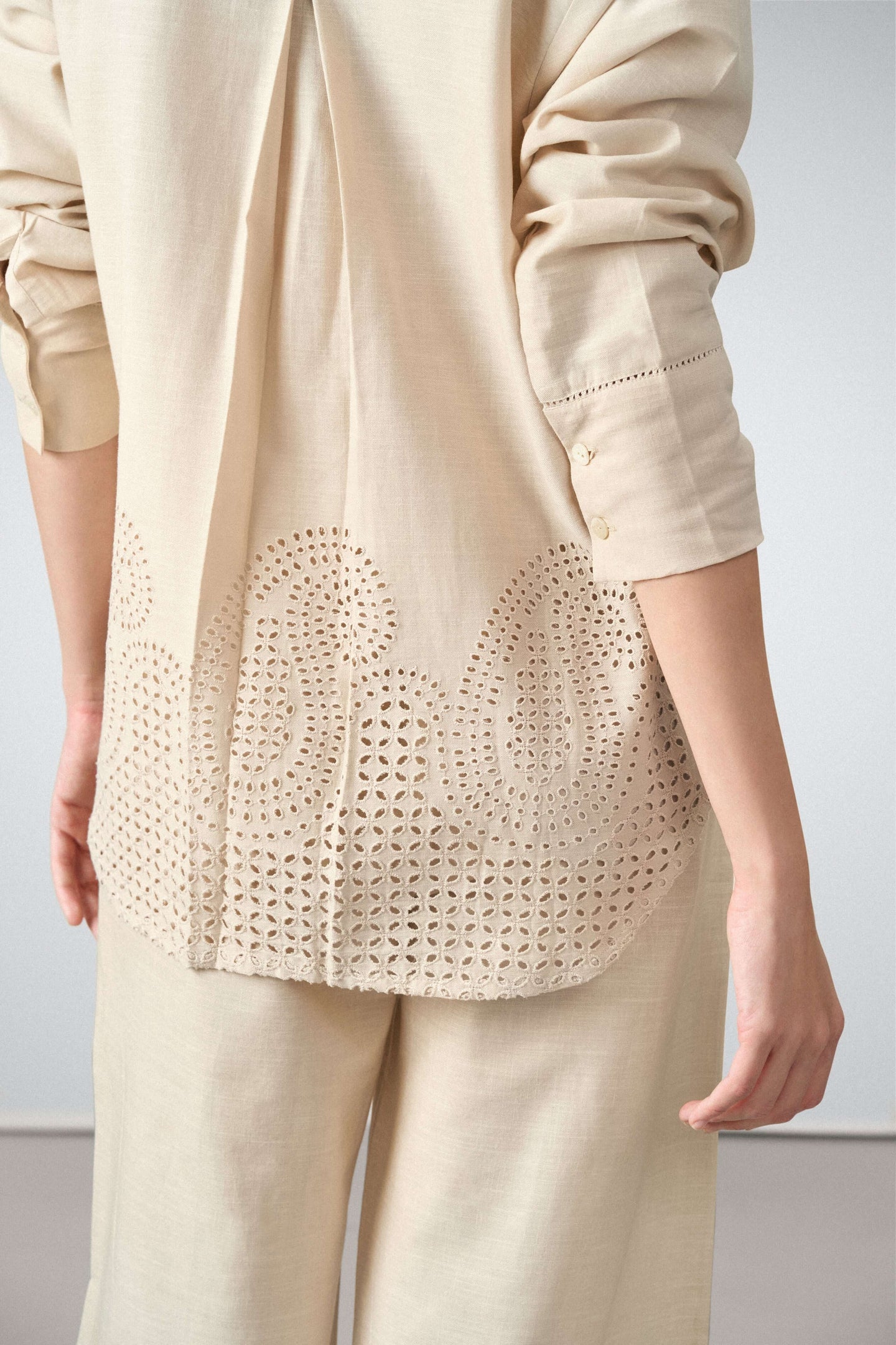 Women Shirt Classic Long Sleeve Button-up Eyelet Embroidery Beige Color Shirt For Ladies | Beige Eyelet Embroidered Cotton Shirt For Women – Long Sleeve & Breathable