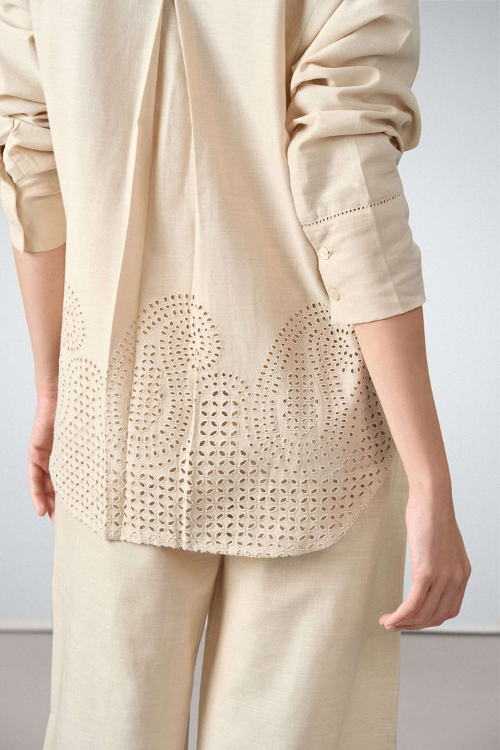 Women Shirt Classic Long Sleeve Button-up Eyelet Embroidery Beige Color Shirt For Ladies | Beige Eyelet Embroidered Cotton Shirt For Women – Long Sleeve & Breathable