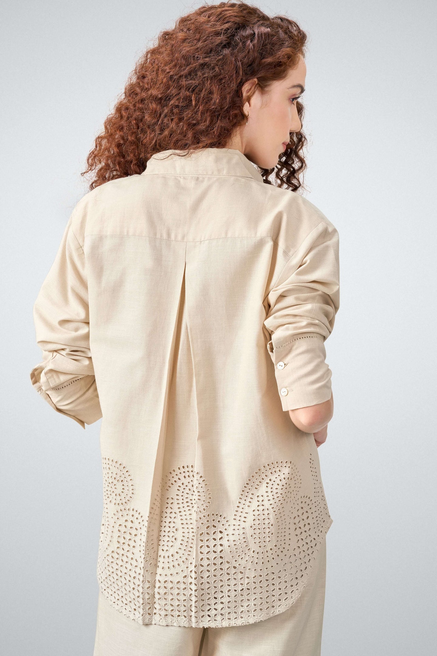 Women Shirt Classic Long Sleeve Button-up Eyelet Embroidery Beige Color Shirt For Ladies Back View | Beige Eyelet Embroidered Cotton Shirt For Women – Long Sleeve & Breathable