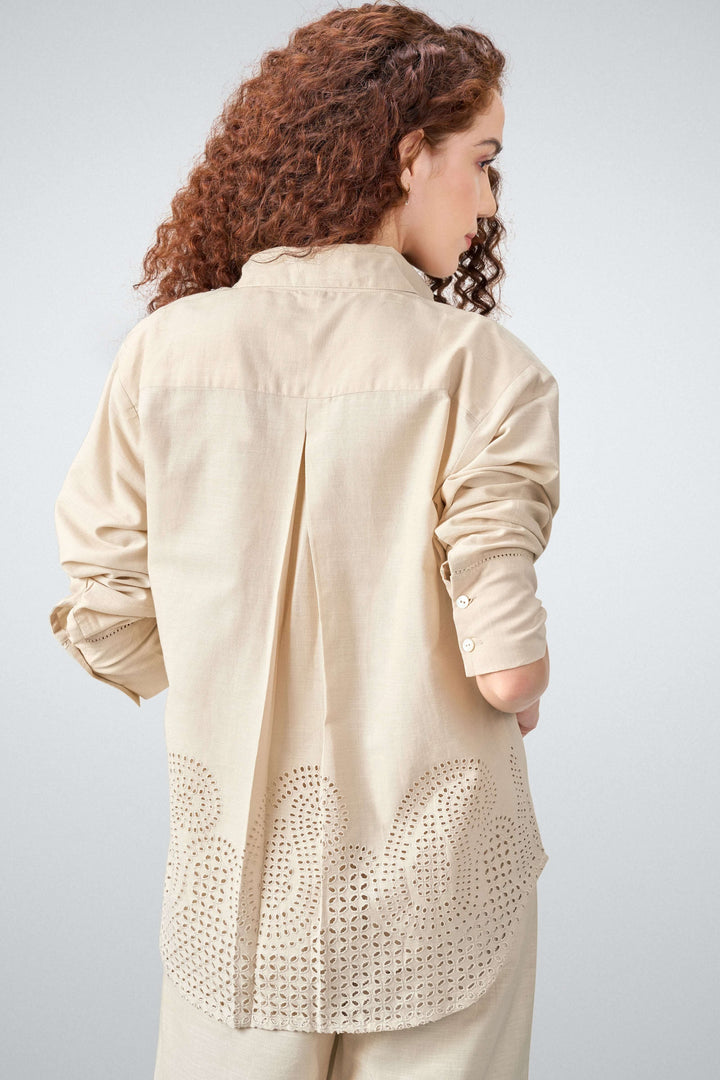 Women Shirt Classic Long Sleeve Button-up Eyelet Embroidery Beige Color Shirt For Ladies Back View | Beige Eyelet Embroidered Cotton Shirt For Women – Long Sleeve & Breathable