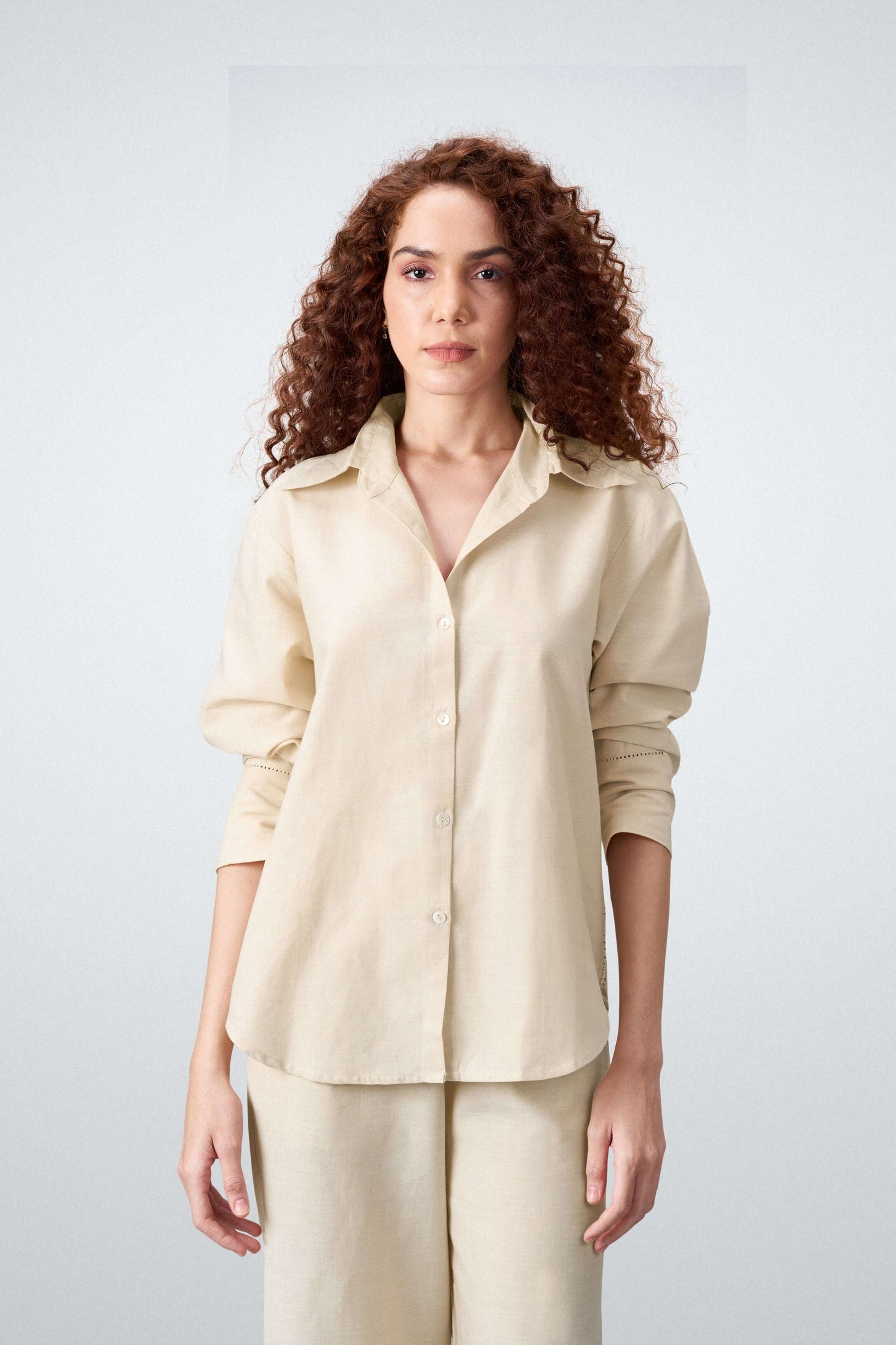Women Shirt Classic Long Sleeve Button-up Eyelet Embroidery Shirt For Ladies | Beige Eyelet Embroidered Cotton Shirt For Women – Long Sleeve & Breathable