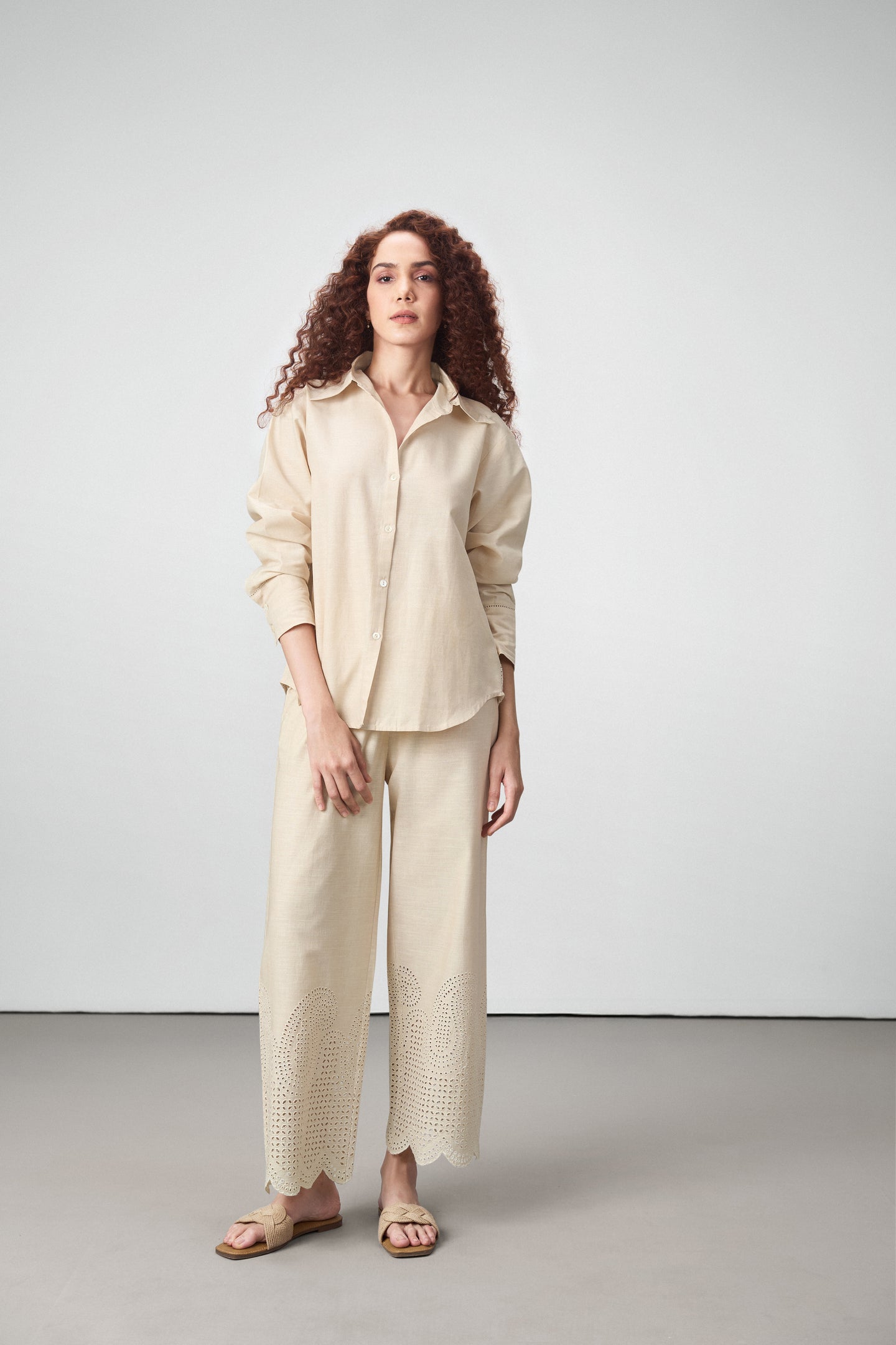 women pants cotton embroidered eyelet scallop hem beige color trousers for ladies