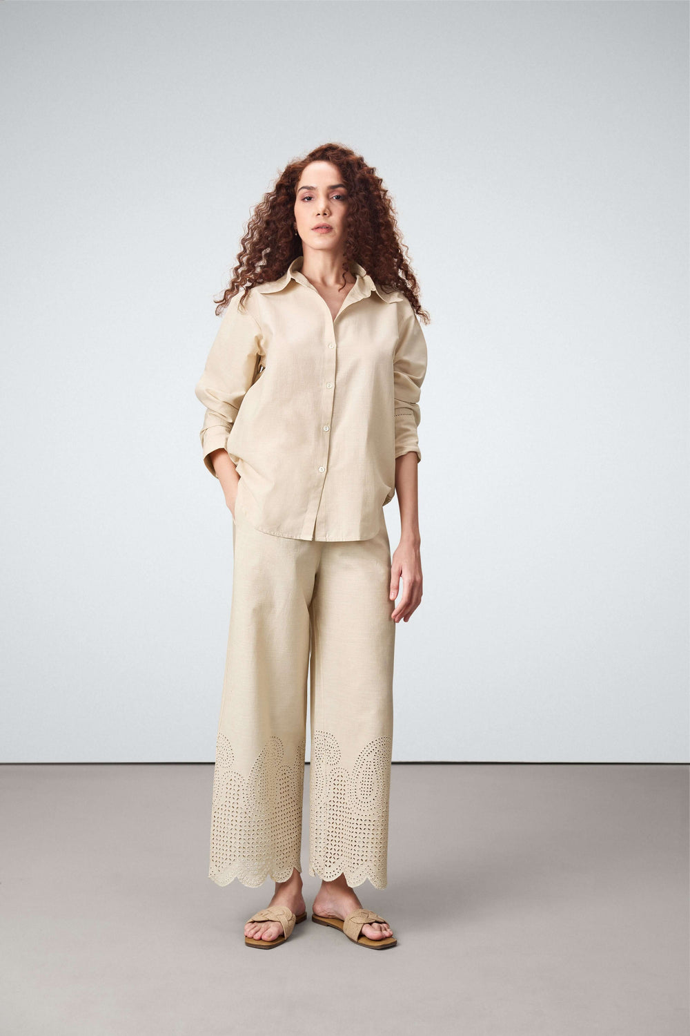 Women Shirt Classic Long Sleeve Button-up Eyelet Embroidery Shirt For Ladies Model View | Beige Eyelet Embroidered Cotton Shirt For Women – Long Sleeve & Breathable