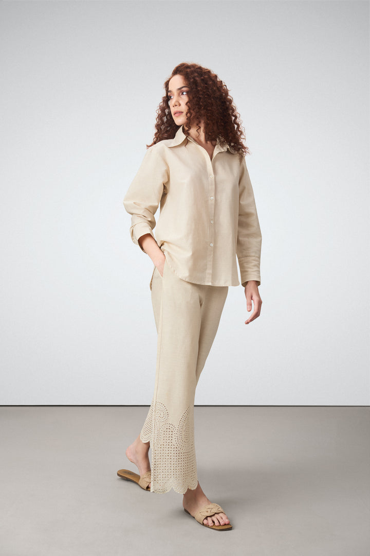 women pants cotton embroidered eyelet scallop hem beige color side pocket trousers for ladies model view