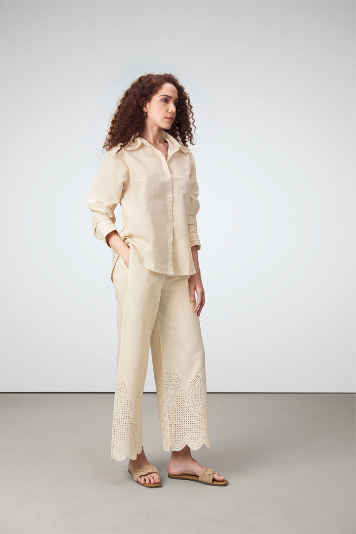 women pants cotton embroidered eyelet scallop hem beige color side pocket trousers for ladies