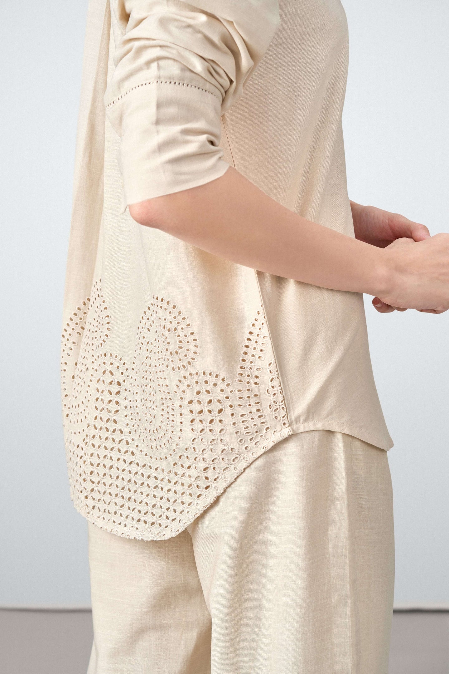 Women Shirt Classic Long Sleeve Button-up Eyelet Embroidery Beige Color Shirt For Ladies Side View | Beige Eyelet Embroidered Cotton Shirt For Women – Long Sleeve & Breathable