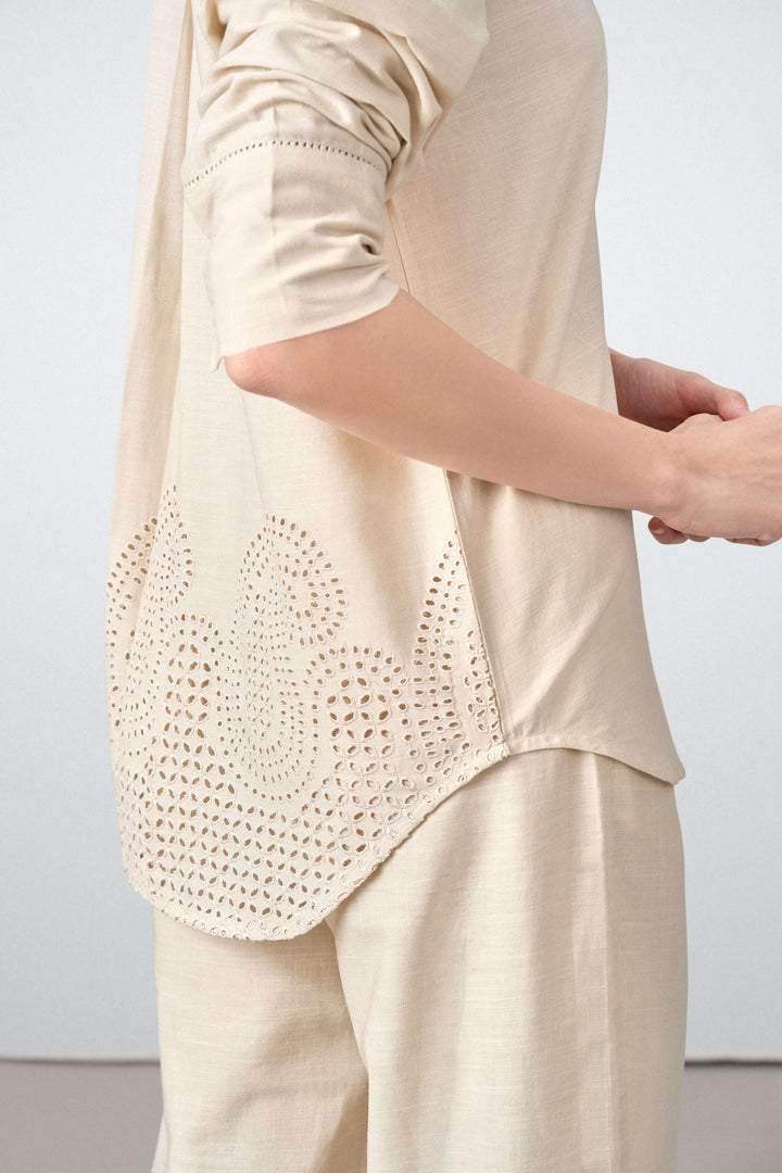 Women Shirt Classic Long Sleeve Button-up Eyelet Embroidery Beige Color Shirt For Ladies Side View | Beige Eyelet Embroidered Cotton Shirt For Women – Long Sleeve & Breathable