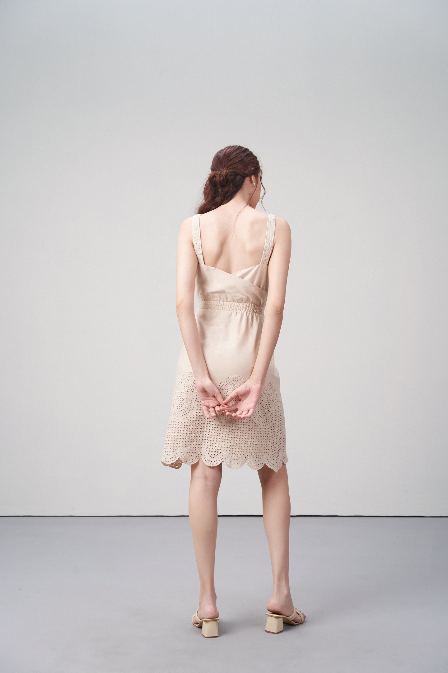 Cotton Square Neckline Spaghetti Straps Eyelet Cutwork Embroidery Scallop Hem Short Dress For Women Ladies Beige Color Back Model View | Beige Cotton Eyelet Embroidered Dress – Scallop Hem | Eyelet Embroidery Scalloped Short Dress
