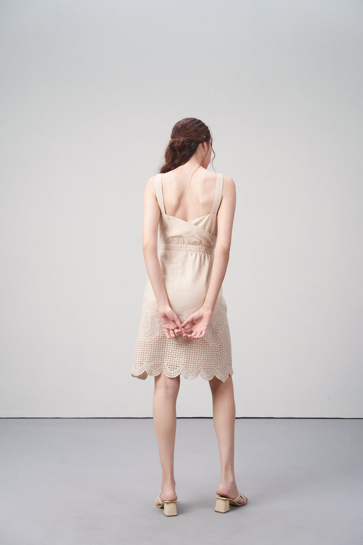 Cotton Square Neckline Spaghetti Straps Eyelet Cutwork Embroidery Scallop Hem Short Dress For Women Ladies Beige Color Back Model View | Beige Cotton Eyelet Embroidered Dress – Scallop Hem | Eyelet Embroidery Scalloped Short Dress
