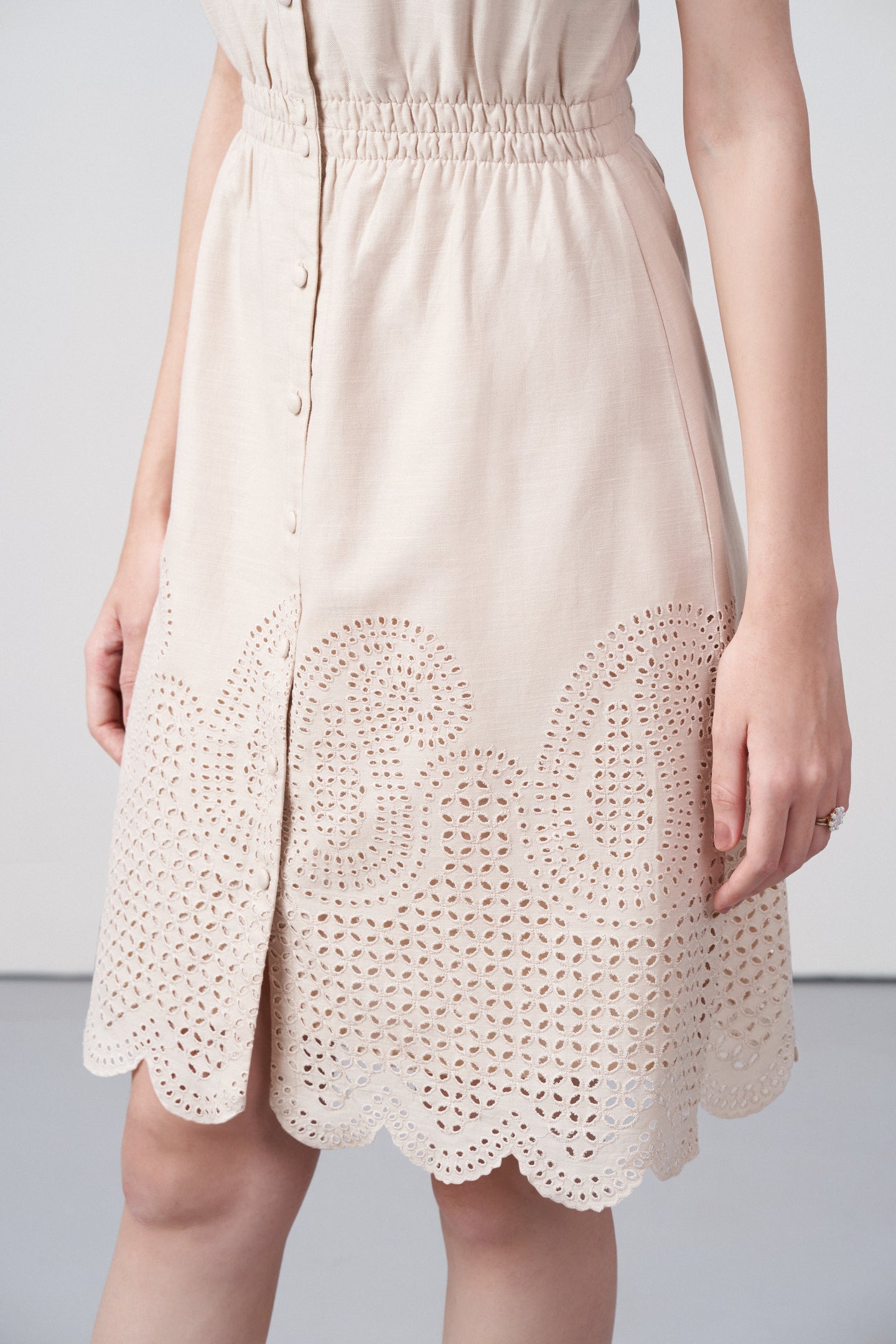 Cotton Square Neckline Spaghetti Straps Eyelet Cutwork Embroidery Scallop Hem Short Dress For Women Ladies Beige Color Hem Embroidery View | Beige Cotton Eyelet Embroidered Dress – Scallop Hem | Eyelet Embroidery Scalloped Short Dress
