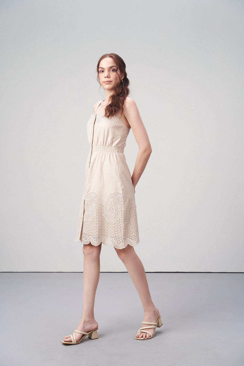 Cotton Square Neckline Spaghetti Straps Eyelet Cutwork Embroidery Scallop Hem Short Dress For Women Ladies Beige Color Side Model View Ladies Beige Color | Beige Cotton Eyelet Embroidered Dress – Scallop Hem | Eyelet Embroidery Scalloped Short Dress
