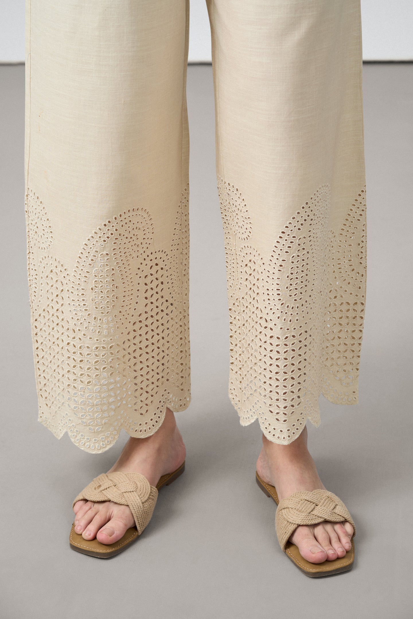 women pants cotton embroidered eyelet scallop hem beige color side pocket trousers for ladies