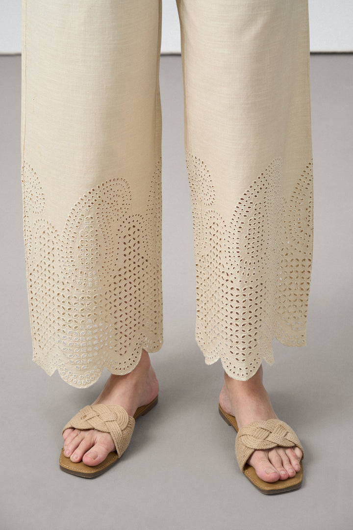 women pants cotton embroidered eyelet scallop hem beige color side pocket trousers for ladies