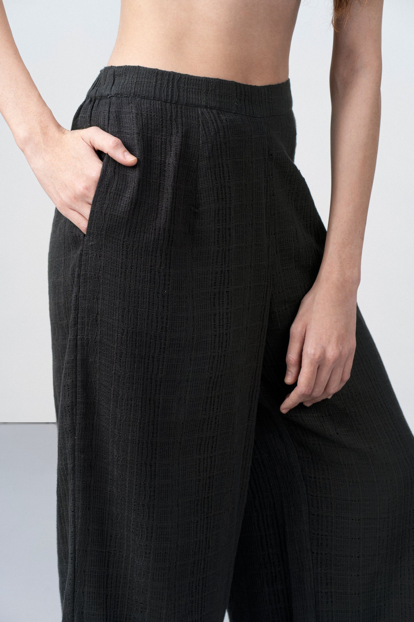 Women Pants 100% Cotton Textured Elastic Waistband Straight Fit Black Color Trousers  | Black Cotton Straight-fit Trousers For Women | Right Side Pocket View Cotton Guipure Straight Fit Trousers