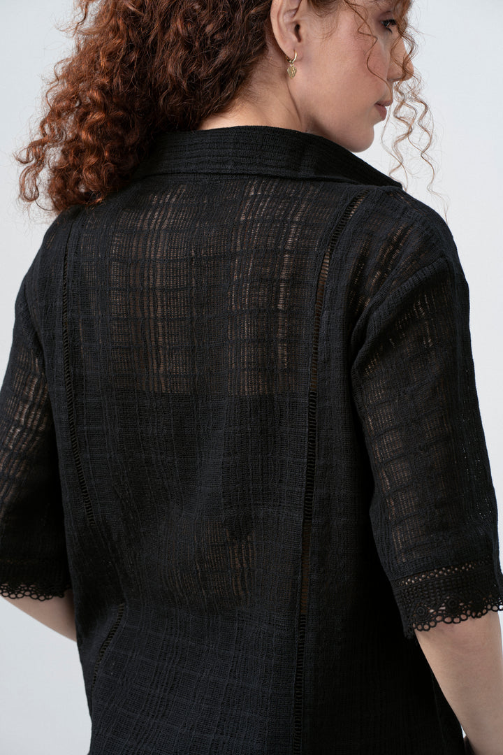 Cotton Black Embroidered Split Neckline Tie Up String Half Sleeve Shirt For Women Ladies for Back Closed up Model View | Black Cotton Guipure V-neck Top For Women