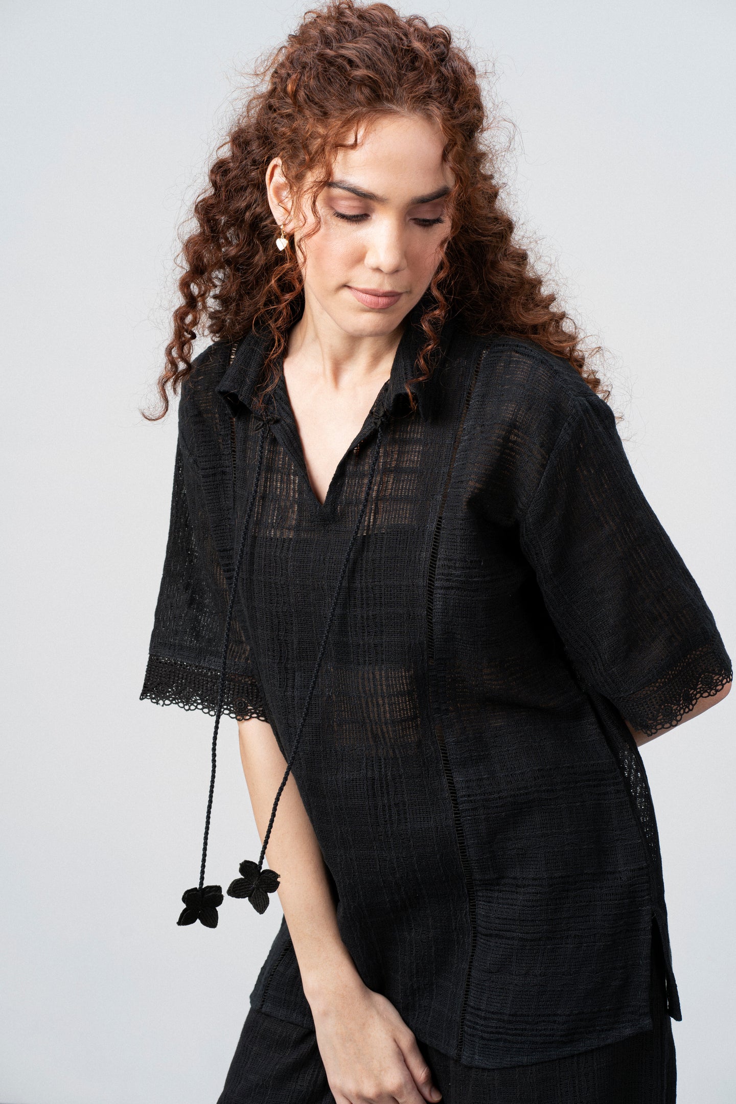 Cotton Black Embroidered Split Neckline Tie Up String Half Sleeve Shirt For Women Ladies | Black Cotton Guipure V-neck Top For Women