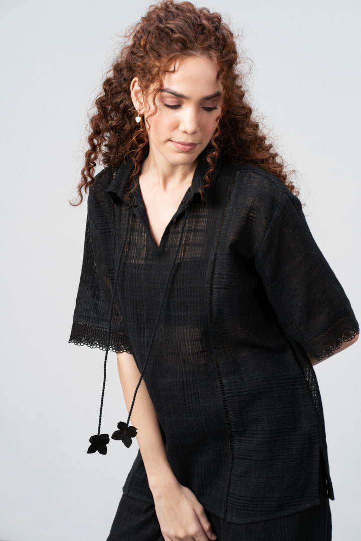 Cotton Black Embroidered Split Neckline Tie Up String Half Sleeve Shirt For Women Ladies | Black Cotton Guipure V-neck Top For Women