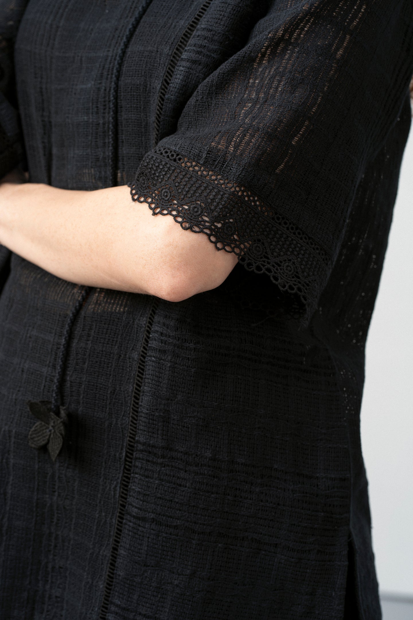 Cotton Black Embroidered Split Neckline Tie Up String Half Sleeve Shirt For Women Ladies for Hand Print View | Black Cotton Guipure V-neck Top For Women