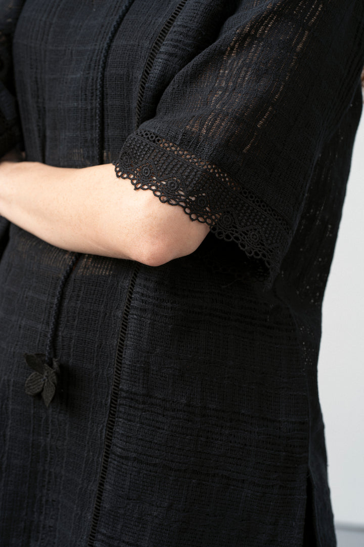 Cotton Black Embroidered Split Neckline Tie Up String Half Sleeve Shirt For Women Ladies for Hand Print View | Black Cotton Guipure V-neck Top For Women