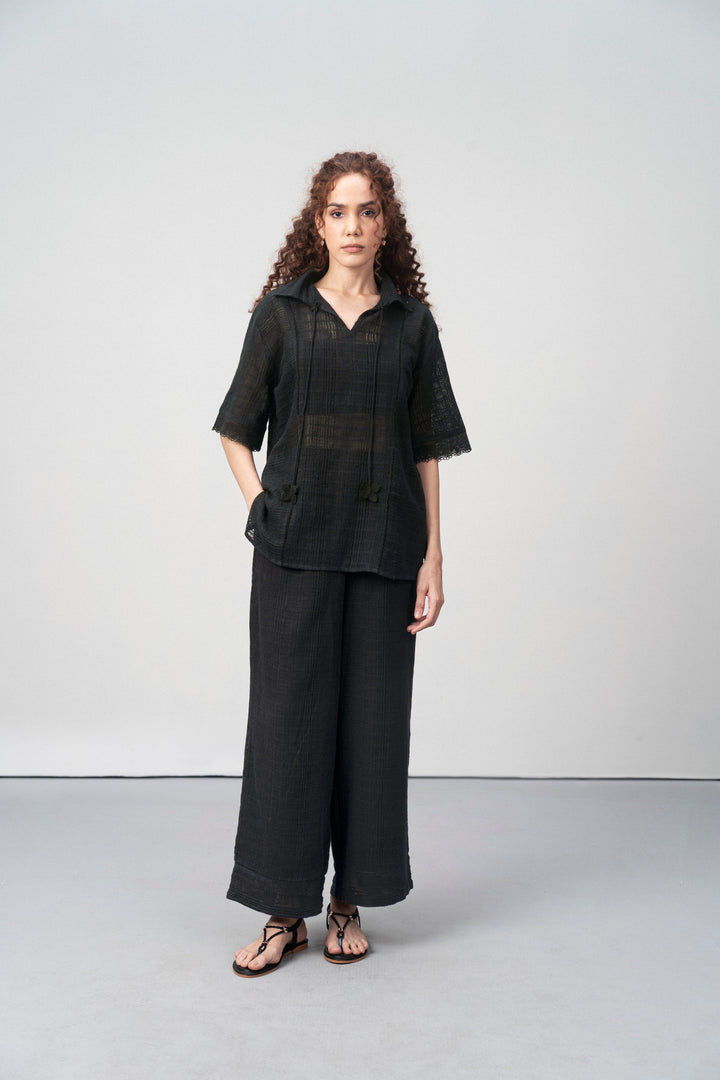 Cotton Black Embroidered Split Neckline Tie Up String Half Sleeve Shirt For Women Ladies full Body View | Black Cotton Guipure V-neck Top For Women